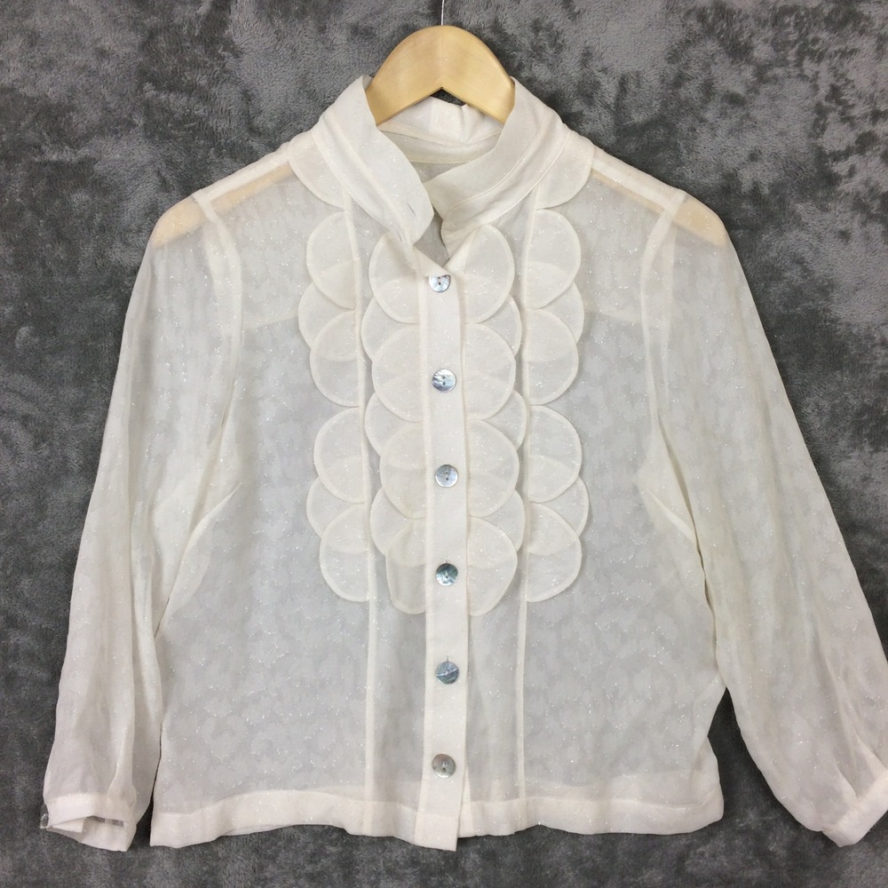 Vintage Blouse Womens Small White Sheer Shimmer Scallop Ruffle Button Up